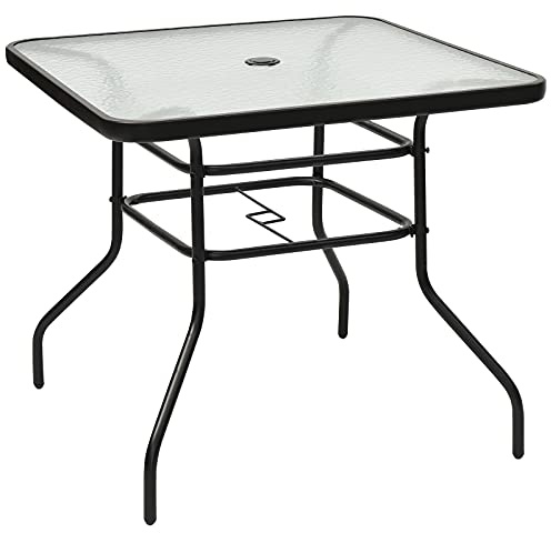 KOMFOTTEU Table d'Appoint carrée avec Trou pour Parasol, Table de Bistrot avec Plateau en Verre et Cadre en Métal, Table de Jardin, Charge de 80 kg, pour Balcon, Terrasse (Petite, 80 x 80 x 71 cm)