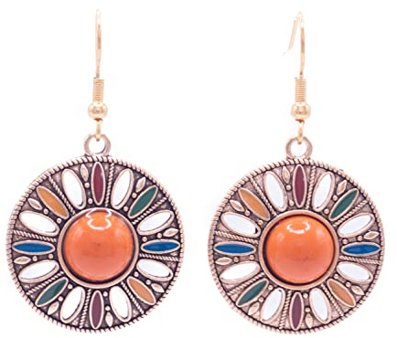 ZARZAMORA Pendientes Bohemio Vintage de PlataTibetana Estilo Antiguo Acero Inoxidable-Aretes Colgantes Redondos Esmaltados Colorido -Pendientes Resina- Regalo Original (Dorado)