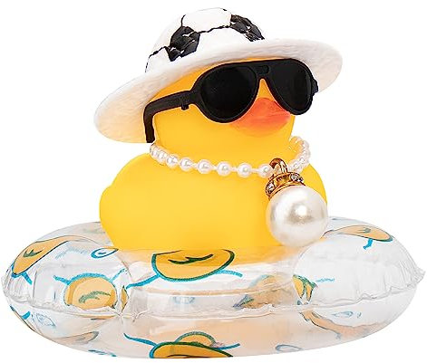 wonuu Auto-Gummiente, gelbe Ente, Dekoration Armaturenbrett mit Sonnenhut, Schwimmring, Halskette, Sonnenbrille für Auto-Armaturenbrett-Dekorationen, Fußballmütze, transparent, große Perle