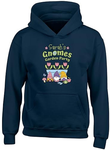 Shopagift Personalised Gnomes Garden Party Kids Hoodie Gardening Gardener Gift Hoody Hooded Top Navy Blue