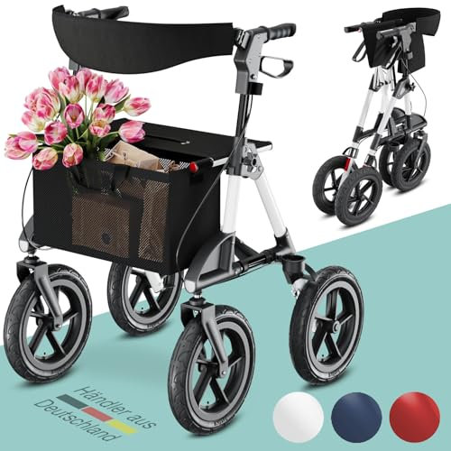 ELONEO Rollator faltbar und leicht mit Sitz, Outdoor Rollator mit Luftbereifung inkl. Sitzfläche, Rückengurt, höhenverstellbare Gehhilfe aus Aluminium inkl. Tasche und Stockhalter Weiß