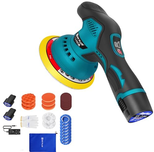 ANSIMIDA Car Polisher Buffer Machine, Cordless Polisher with 8 Variable Speeds, Orbital Polishing Machine 2x Batteries 6in Cleaning Buffing Pad Polish Kit for Car Care Furniture Polishing Sanding