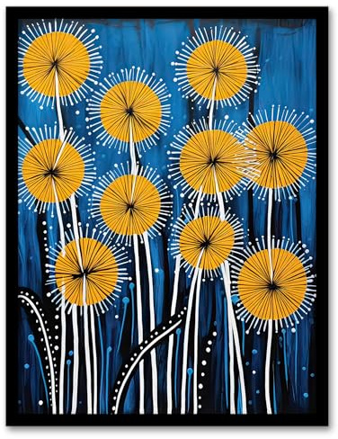 Artery8 Dandelion Flower Seeds Gond Style Painting Blue Yellow Abstract Summer Meadow Patterns Art Print Framed Poster Wall Decor 12x16 inch
