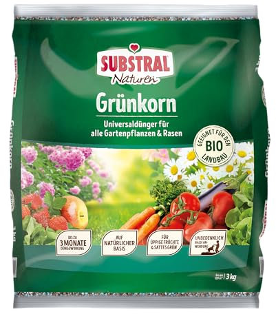 Substral Naturen Grünkorn, 3kg - Bio Universal Gartendünger für alle Blüh-, Obst- & Gemüsepflanzen sowie Rasenflächen