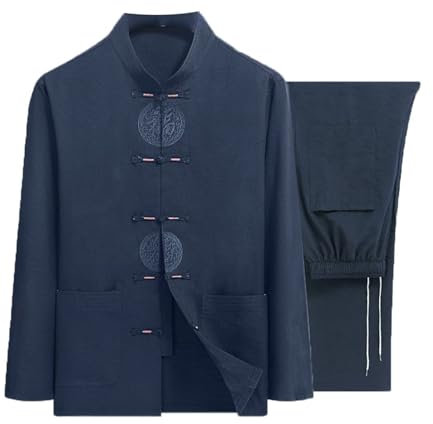 PTATT Chinesischer Tang-Anzug Für Männer Kung Fu Kleidung Baumwolle Leinen Langarm Bestickter Mantel Oberteile Und Hosen blue 1-3XL