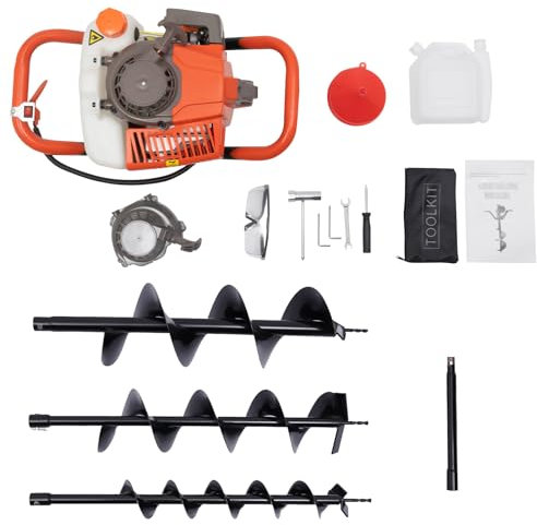NaMaSyo 71 cc, trapano a benzina a 2 tempi, trapano a terra, trapano manuale da giardino, trapano a terra, set con 3 punte per trapano, motore a benzina, trapano a terra da 4 6 8