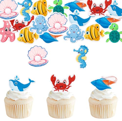 DazzJoy 56 Stück Essbare Meerestiere für Torte, Ozean Themen Tortendeko, Essbare Tortendeko Meerestiere Cake Topper, Esspapier Unterwasser Kuchen Deko, Meeresfisch Muffin Deko für Taufe Geburtstag