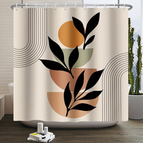 Duschvorhang Minimalistische Schwarze Blätter Duschvorhang Stoff Polyester Badevorhang Duschvorhang Wasserdicht Antischimmel Shower Curtains mit 12 Duschvorhangringen Duschvorhang Badewanne 200x220cm