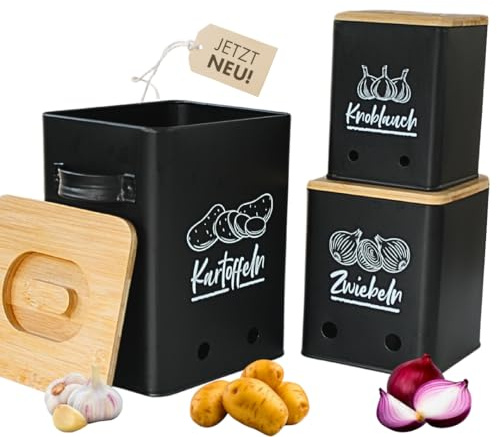 Lodgine® potatis-förvaringslåda [uppsättning av 3] – ett riktigt blickfång i ditt kök! - Skapa ordning med detta snygga förvaringsburksset och inspirera vänner och familj ... (svart)