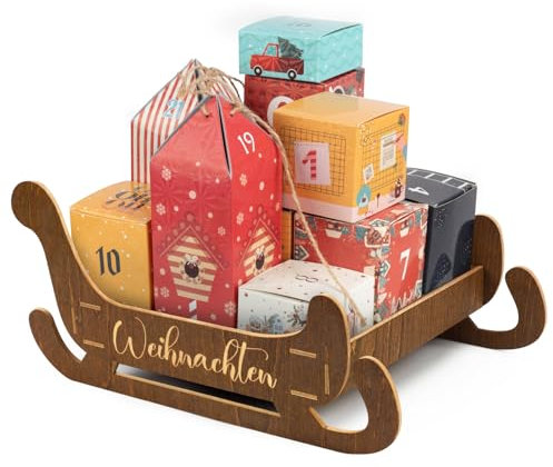 Vassoi decorativi natalizi in legno, design a slitta con calendario avanzato, vassoio in legno, solo 30 x 14 x 20 cm