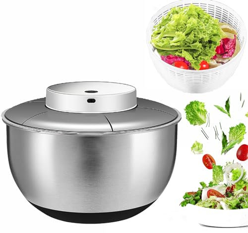 5 Qt Stainless Steel Salad Spinner Large Lettuce Spinner, Quick Spin Automatic Vegetable Dryer with Non-Slip Base, Multi-Use Vegetable Washer with 162oz Salad Bowl, Wireless Salad Lettuce Dryer
