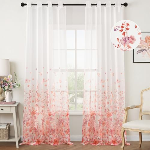 Woaboy Tende Floreali per Interni 140x260cm Rosa Tende Finestre Voile Trasparenti per Soggiorno e Camera da Letto 2 Pezzi