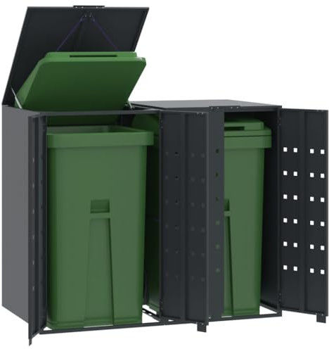 Tidyard Rangement à roulettes pour poubelles pour 2 bacs Anthracite, Poubelle Cache Conteneur pour Jardin, Pelouse, Terrasse, Extérieur