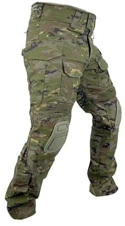 Pantalón Táctico DLX de Combate, 65% Poliéster y 35% Algodón, Multibolsillos, Ajuste Elástico en Cintura y Rodillas, Camuflaje boscoso pixelado español. Marca Conquer. Especial para airsoft (M)