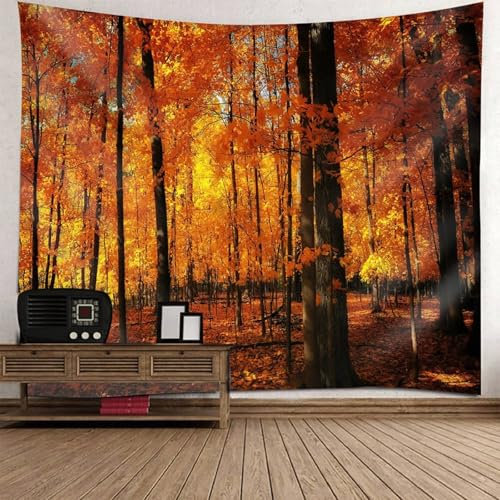 Mesnt Tapisserie Wandbehang Dekoration, 240x220cm Herbstliche Waldlandschaft Wandbehang Wandteppich für Meditation Schlafzimmer Wohnzimmer Schlafsaal | Schwarz Gelb Orange
