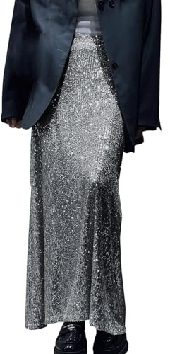 Gonna con paillette, lunga da donna, in argento, gonna midi casual, elegante, con paillettes, vintage, Rave discoteca, Y2K, Streetwear Sparkly Rock, grigio., XXL