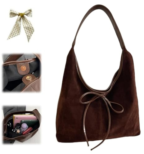 Generisch Women Suede Elegant Bow Decorated Bag,Casual Retro Tote Bag Travel Work Bow Satchel,Trendy Large Capacity Bucket Shoulder Bag
