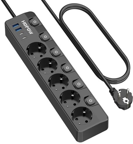 9-in-1 Steckdosenleiste einzeln schaltbar, 5-Fach Mehrfachsteckdose mit 4 USB-Ports(3680W,16A), 1050 J Überspannungsschutz, Wandmontage, 2 m Verlängerungskabel - Ideal für zu Hause, Büro und Reisen