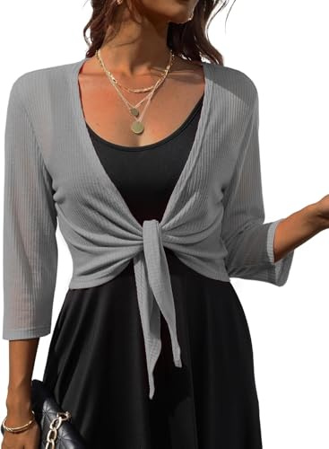 PrinStory damer slips främre Shrug 3/4 ärm bolero kofta lätt sommar ledig kort halsduk topp, GRÅ, M