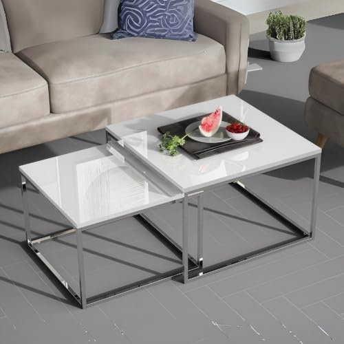 LEBENSwohnART 2er Set Design Couchtisch MENTO 60/50cm Weiss Hochglanz Edelstahl-Gestell