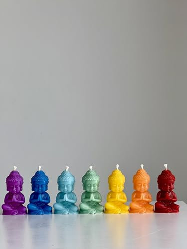 RS Buddha Chakra Candele – Set di 7 pezzi in 100% cera d'api – Figure Chakra fatte a mano in colori arcobaleno – Per meditazione, yoga, decorazioni e rituali