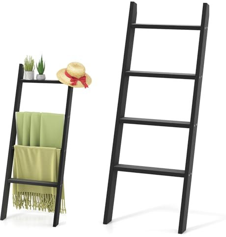 LIFEZEAL 4 Stufiges Leiterregal, Handtuchleiter Kleiderleiter aus Holz, Handtuchhalter Handtuchständer freistehend, Wäscheleiter Stehend für Wohnzimmer, Badezimmer (Schwarz)