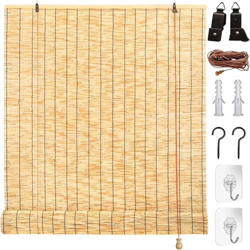 Bamboo Blinds 55 60 100 120 145 165 180cm Reed Blinds Retro Bamboo Roller Blinds Natural Reed Curtains Anti-UV Outdoor Shade With Lifter Sunshade Privacy Screen Roman Bamboo Blinds For Windows