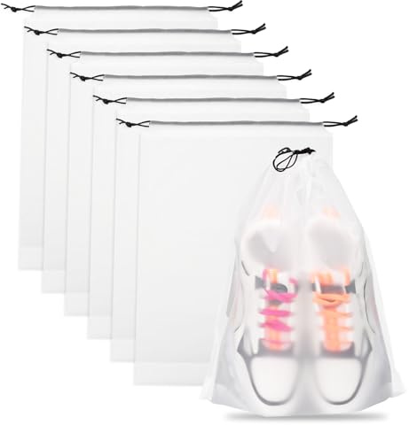 Teskyer Shoe Bags for Travel, Waterproof Drawstring Shoe Bags, 6 Pack | 15.7 x 11.8 Fits Most Shoes, Reusable PE Material, Tear-resistant Design, Travel Essentials for Organized Packing