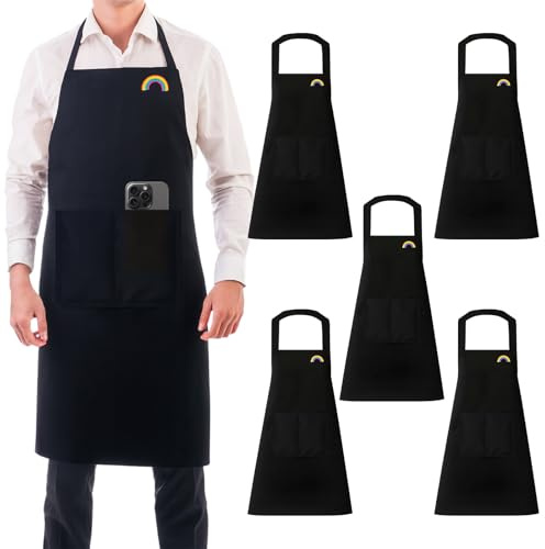 kelav 5 Stück Schürze Schwarz mit Regenbogen-Muster für Männer Frauen, Wasserdichte Kochschürze mit Verstellbarem Nackenband und Handy-Tasche, Küchenschürze für Küche Garten BBQ
