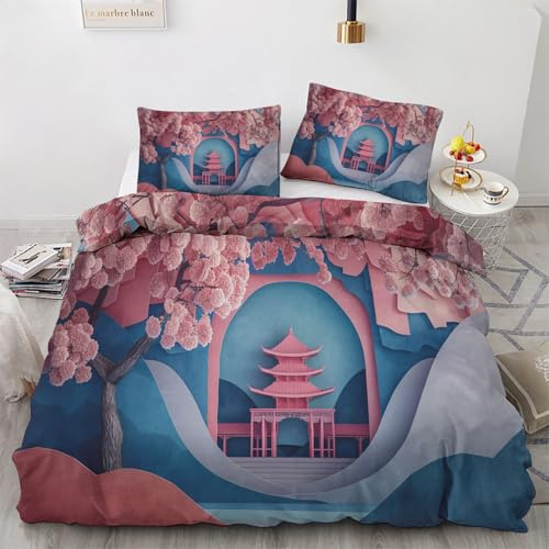 Japanese Style Duvet Cover California King, Cherry Blossoms Comforter Set Pink Pavilion Bedding Set 1 Duvet Cover with Zipper Closure & 2 Pillowcases for Bedroom, Soft Microfiber Reversible 3pcs