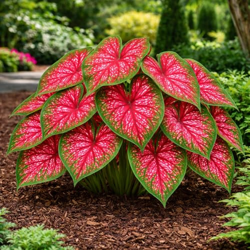 Lot de 6 bulbes de caladium Red Alert pour plantation de feuilles rouges et vertes à pois tropicaux pour ombrage, jardins, lits de terrasse, style oreilles d'éléphant