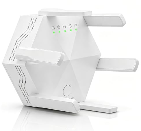 WiFi Extender Booster, 1200Mbps WiFi Repeater Range Extender Dual Band 5GHz & 2.4GHz, 6 Antennas WIFI Signal Internet Booster with Ethernet Port for Home Supports 45 Devices Wider Coverage UK Plug