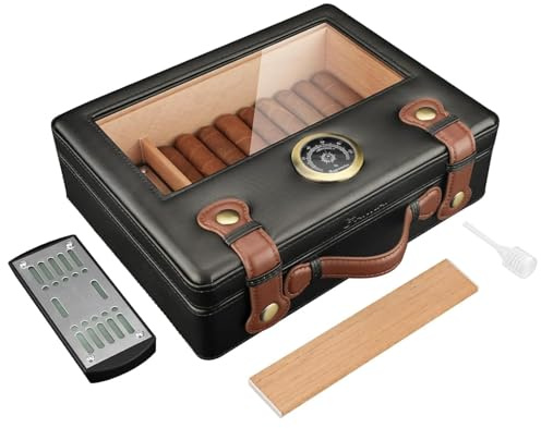 Racocou 30 Cigarer Humidor-fodral PU-läder Cigarbox med glastopp Inbyggd fuktare Hygrometer Cederfoder Present till make pappa fars dag jul födelsedag,Black