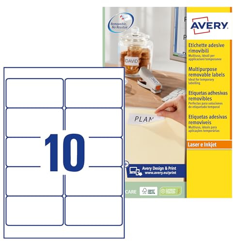 Avery Italia L4744REV-25 Etichette adesive bianche rimovibili, 96 x 50.8 mm, 10 etichette per foglio, confezioni da 25 fogli