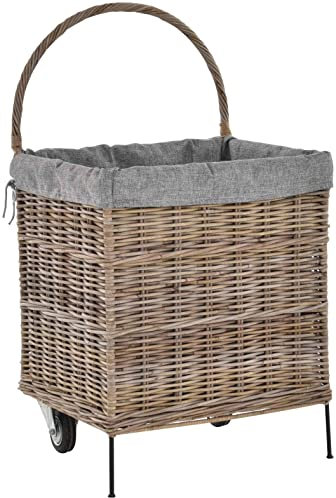Korb-Outlet Holzwagen/Kaminholzwagen aus Rattan-Naturrohr/Stabiler Eisenrahmen / 54x44x95 mit Stoffinlett