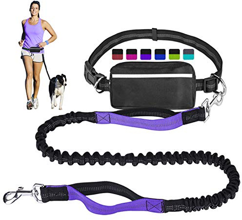 Handsfree hundkoppel för löpning promenader träning vandring, dubbla handtag stötdämpande reflekterande bungee, justerbart midjebälte och påse, perfekt för medelstora till stora hundar (svart/lila)