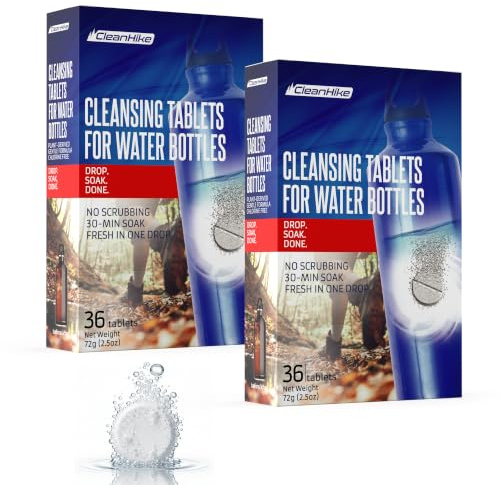 CleanHike Water Bottle Cleaning Tablets - 72 Bottle Cleaner Tablets for Tumbler, Stainless Steel & Plastic Bottles, All Natural Plant-Based, Individually Packed (2 Pack)