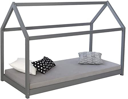 Homestyle4u 1970 Hausbett 160x80 cm Kinderbett mit Lattenrost Grau | Montessori Bodenbett Kiefer Massivholz, skandinavisches Design Kinderhausbett für Jungen und Mädchen, 80x160 cm