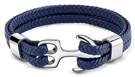 GNOCE Anker Lederarmband für Männer Geflochtenes Echtlederarmband mit Edelstahl Punk Handgelenk Manschette Armband Geschenk für Männer (Blau, 21)