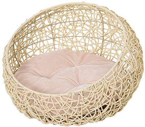 PawHut Panier Chat lit Chat Cosy Grand Confort dim. Ø 56 x 35H cm Coussin Moelleux Inclus PVC Imitation rotin Beige