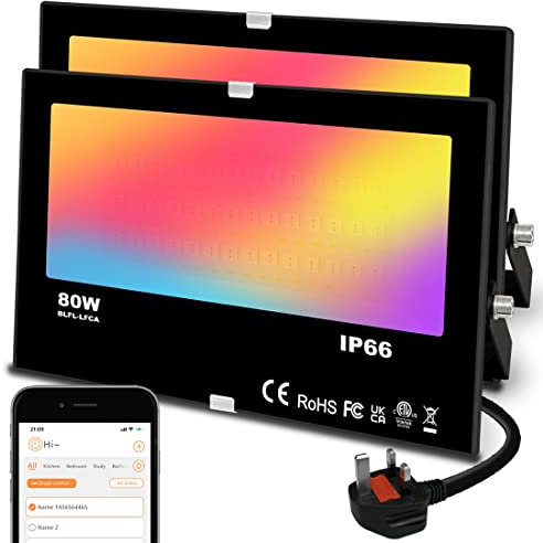 Mobri LED Floodlight Outdoor 800W, Smart RGB Flood Lights with APP Equivalent 8000LM, Colour Chaging - Warm White - Timing - Scene - IP66, UK 3-Plug, 2 Pack
