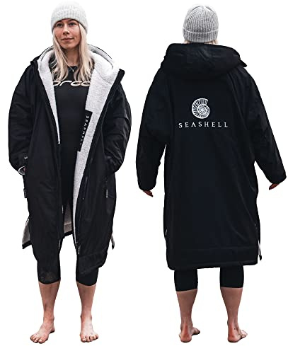 SEASHELL Adult Waterproof Changing Robe – Oversized Long Sleeve Coat with Sherpa Fleece Lining – Windproof, Quick-Drying, Water-Repellent – Ideal for Swimming, Surfing, Beach, Camping, Outdoors