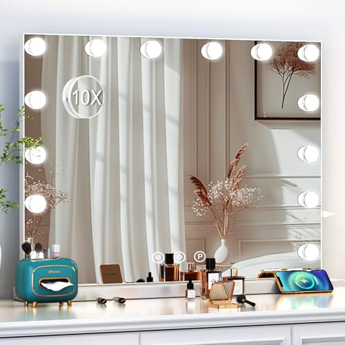onesaimei Hollywood Makeup Vanity Mirror with USB Port, 3 Color Modes Adjustable Brightness Mirror, Tabletop Makeup Mirror with 14 LED Lighted Bulbs for Bedroom Dressing Table, 50CM x 42CM
