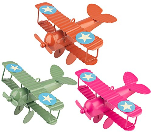 Berry President MINI Decorative Handicraft Metal Vintage Retro Classical Biplane Iron Aircraft Model Statue Sculpture Decor Souvenir Christmas Tree Decoration, Pack of 3 (Green-Rose-Orange)