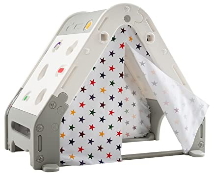 COSTWAY Kids Playhouse, 6 in 1 Children Play Tent with Curtain, Climbing Wall, White Board, Basketball Hoop, Toddler Activity Play Set for Boys Girls