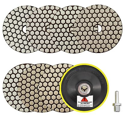 Almohadillas Pulido Diamante Seco 4/100mm - 7piezas Grano 50/100/200/400/800/1500/3000 Discos Pulido con M14 Plato Apoyo+Adaptador Granito Mármol Piedra Artificial Cuarzo Amoladora Angular SANLEETEK