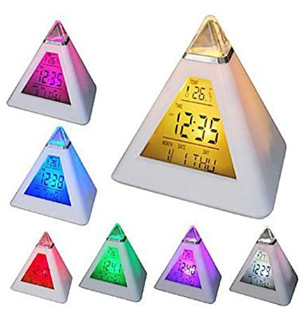 Frdun Piramide LCD Sveglia da Tavolo, Creativo 7 Colori Retroilluminazione LCD Sveglia, Termometro Orologio da Tavolo Digitale, Data Temperatura Ora Display Luci Notte