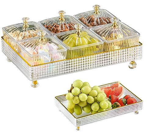 Snack -Tablett geteilte Servierschale Set transparente Obstschale mit Deckel Rechteck 6 Gitter Fruchtschüssel -Schachtel Set geteilte Nussschale Plastikdesserts Servierplatte Snack Candy Tably