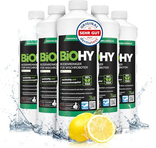BiOHY Nettoyant de sol pour robot aspirateur laveur (6 x 1l Bouteille) | concentré pour tous les robots d'essuyage et d'aspiration à fonction humide | durable & écologique (Wischroboter)