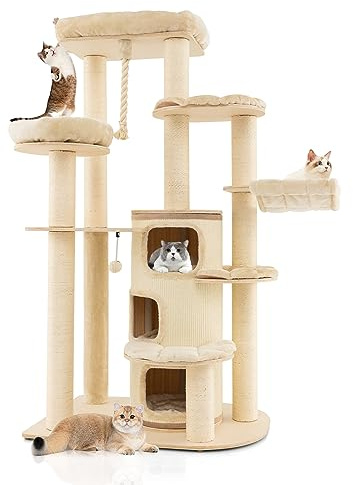 COSTWAY 173cm Kratzbaum Holz, Katzenbaum Groß, Katzenkratzbaum mit Katzenhöhle, dicken Stämmen, Matten, Ball & Sisalseil, Aktivitätsbaum mit Kratztonne, Katzenmöbel Kletterbaum Katzenhaus (Beige)